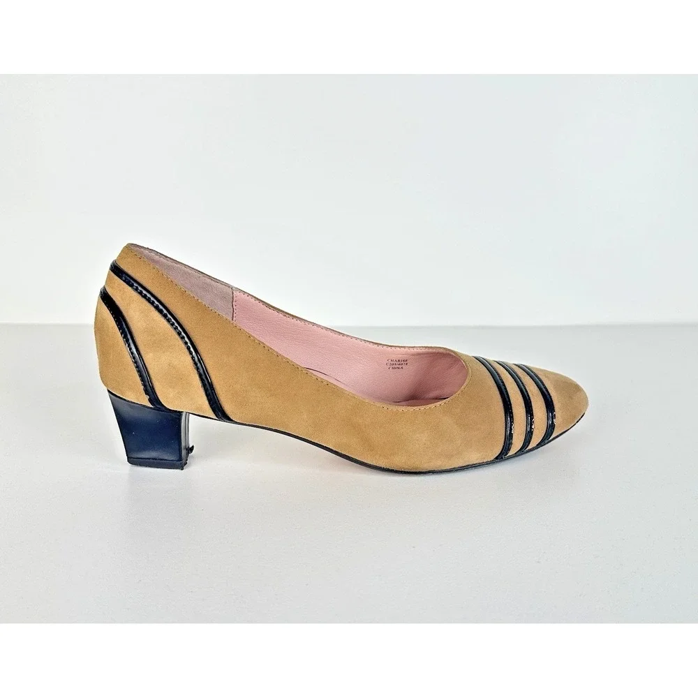 Taryn Rose Womens 7.5 M Chari Suede Leather Pump Patent Heel Beige Tan Round Toe